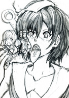 giantess vore size_difference monochrome touhou pencil_drawing byakuren_hijiri minamitsu_murasa
