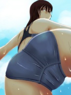 drawing blushing swimsuit wet brunette sweat low_angle brown_eyes camel_toe unknown_artist point_of_view from_below looking_at_viewer