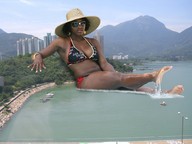 collage city swimsuit barefoot cleavage water unknown_artist sitting sunglasses mountains boats dark_skin hat looking_at_viewer waterfront