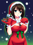 drawing gentle giantess color handheld cleavage anime teston christmas gloves shrunken_men outfit holiday looking_at_viewer between_breasts