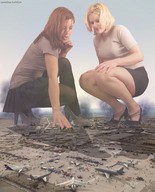 collage blonde clothed brunette unknown_artist kneeling shrunken_people giantess_katelyn looking_down jets giantesses airport emma