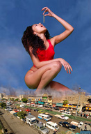 giantess collage vore city cars buildings kneeling people shadester sky between_fingers over_mouth holding_carriage