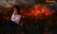 giantess city black_hair long_hair clothed jeans castle sitting fire hell town village endymion dark_skin sky casual looking_at_viewer clothed_giantess chruch ancient