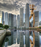 breasts giantess collage city mega blonde swimsuit water unknown_artist skyscraper reflection clouds sky