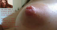 breasts collage story red_hair shrunken_men looking_down nipple_play looking_at_viewer