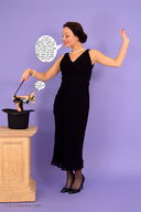 collage clothed high_heels hand shrunken_woman hat wand magician looking_at_tiny