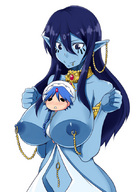 breasts drawing size_difference entrapment shrunken_character giantess_elf paimon pointed_ears between_breasts