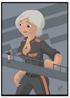 breasts drawing giantess white_hair mega color large_breasts blue_eyes clothed cleavage ginormica short_hair shrunken_men monsters_vs_aliens belt jumpsuit walkway catwalk looking_at_tiny dreamworks antennae between_breasts doctor_cockroach derek