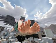 giantess feet wings city rampage touhou utsuho_reiuji okuu mofukitune digital_render