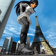 giantess crush city black_hair long_hair gloves dress boots foot_crush looking_down skyscraper paris eiffel_tower looking_at_tiny digital_render