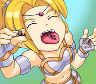 drawing vore blonde color tongue armor handheld pogojo between_fingers closed_eyes downward_angle