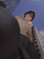 collage glasses low_angle giantess_katelyn looking_down sky point_of_view looking_at_viewer between_buildings