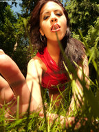 tongue low_angle crawling face reaching giantess_katelyn looking_down grass photograph outdoors point_of_view looking_at_viewer