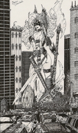 drawing giantess city mega monochrome long_hair destruction sword anime superhero scared marcos_snowbell shrunken_people pen_paper vehicles