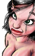 drawing giantess vore black_hair color mouth cleavage green_eyes climbing lips shrunken_men medium_length_hair rope looking_up fleeing big_lips tangled looking_at_tiny