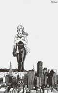 drawing female giantess city mega monochrome long_hair destruction anime marcos_snowbell ponytail uniform pen_paper cruel women sneakers
