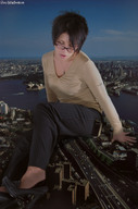 giantess city black_hair high_heels buildings helicopter glasses lips short_hair sitting giantess_katelyn looking_down skyscraper highway streets sky sydney necklace sydney_opera_house