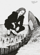 drawing giantess mega alien monochrome destruction high_heels anime marcos_snowbell short_hair pen_paper secretary