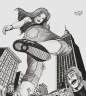 drawing giantess city mega monochrome long_hair destruction soles anime jeans scared marcos_snowbell foot_crush shrunken_people pen_paper sneakers point_of_view