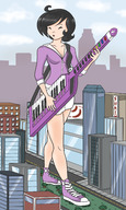 drawing giantess crush city black_hair color cleavage skirt buildings park short_hair legs skyscraper streets sneakers guitar sweater trees