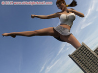giantess city upskirt skirt buildings brunette ponytail kick shorts town skyscraper dark_skin sky kicking virtual_giantess top mini_skirt digital_render