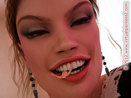 vore black_hair lips shrunken_men cruel dark_skin virtual_giantess earrings between_teeth digital_render