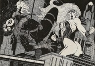 breasts drawing giantess city mega monochrome long_hair butt anime superhero marcos_snowbell gloves boots fighting skyscraper pen_paper giantesses falling mask night belt leotard bracelet tiara water_tower