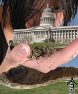 collage handheld brunette short_hair hand face giantess_katelyn close_up thumb capital_building looking_at_tiny