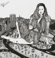 drawing giantess feet city mega monochrome long_hair handheld barefoot anime marcos_snowbell dress sitting pen_paper