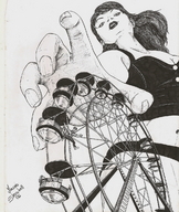 drawing giantess mega monochrome long_hair cleavage anime marcos_snowbell hand reaching shrunken_people pen_paper falling point_of_view ferris_wheel bare_midriff