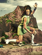 collage boots dark_skin road looking_at_viewer vehicle_crush green_dress boulders