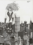 breasts drawing giantess furry city mega monochrome long_hair destruction rampage cleavage anime superhero marcos_snowbell boots pen_paper cruel metropolis leotard dc_comics gauntlets daily_planet lexcorp