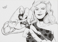 drawing giantess mega monochrome long_hair handheld bra anime superhero marcos_snowbell giganta shrunken_woman pen_paper wonder_woman top leotard tiara leopard_print dc_comics