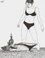 drawing giantess mega monochrome swimsuit anime military marcos_snowbell pen_paper
