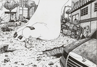 drawing giantess feet city mega monochrome destruction barefoot anime marcos_snowbell foot_crush shrunken_people shrunken_woman pen_paper cruel vehicles under_foot
