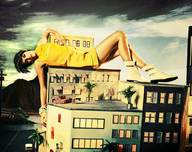 brunette dress looking_at_viewer lying_on_building white_shoes