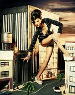 collage brunette legs looking_away stepping_on_building retro_cityscape sparks