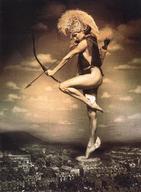giantess collage city monochrome sky archer standing_on_one_leg mythical