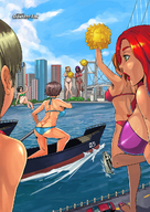 breasts drawing giantess giga city mega blonde comic color butt swimsuit bridge beach water brunette red_hair skyscraper giantesses sports ships giantessfan rowing
