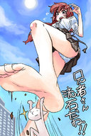 drawing panties feet upskirt color barefoot soles sun foot_crush sky japanese_text point_of_view raised_foot imminent_crush looking_at_tiny