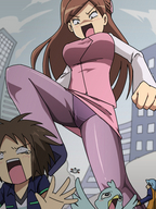 drawing giantess pokemon upskirt large_breasts high_heels anime brunette bird spandex raised_foot office_lady clerk pokestar
