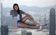 giantess collage city clothed barefoot sitting legs skyscraper boats dark_skin pedicure looking_at_viewer waterway