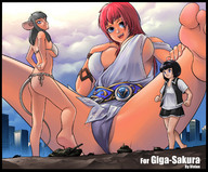 drawing giantess feet city black_hair color large_breasts toes barefoot soles tank multiple_sizes red_hair vivian legs giantesses mouse_girl giga_sakura