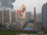giantess collage blonde destruction cleavage buildings wonderslug crawling fire bus smoke looking_at_viewer nicole_moser