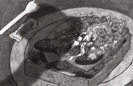 drawing monochrome fork shrunken_woman sandwich in_food brainwashedonline bread implied_vore