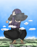 pokemon collage trayx landscape mega butt high_heels buildings anime squatting clouds sky shantal