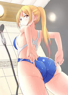drawing blonde color butt swimsuit wet low_angle shower looking_down point_of_view from_below looking_at_viewer behind_view