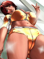 drawing color cleavage finger low_angle camel_toe red_hair hand looking_down point_of_view