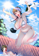 giantess swimsuit anime huge_breasts low_angle shrunken_men pool jumping clouds sky curvy looking_at_viewer hanging_on winking bikini_strap wide_hips thick_thighs