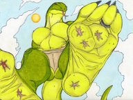 breasts drawing giantess crush feet furry tail anthro color large_breasts tongue butt claws soles low_angle lizard underboob foot_crush thighs dirty_soles commission neopuc stuck_to_foot sekvra scalie zabraxas loincloth bare_legs forked_tongue bare_midriff